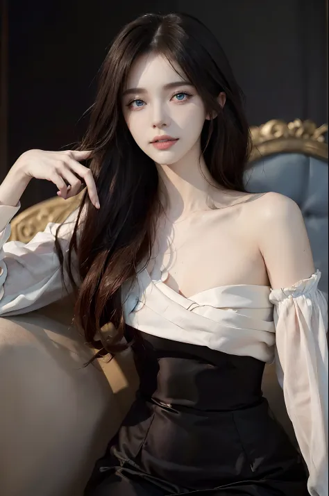 ((4K works))、​masterpiece、(top-quality)、1 beutiful girl、Slim body、tall、((Villains black dress fashion))、(Detailed beautiful eyes)、Shot at White Castle, Where the queen lives、((Face similar to Carly Rae Jepsen))、((Long boyish red hair))、((Smaller face))、((N...