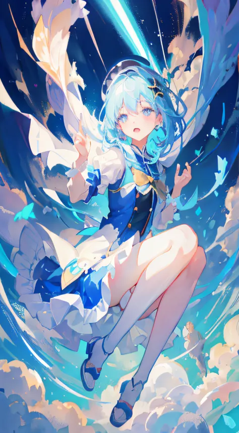 anime girl flying through the air with a blue and white dress, trending on artstation pixiv, splash art anime loli, zerochan art...