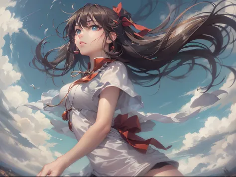 (((hakurei reimu:1.1,)))(((long hair,pointy hair,long bangs,high ponytail,french braid,brown hair,brown eyes, nontraditional miko,leather gloves)),((((((Break,design an image with fisheye lens effect,capturing a wide field of view with a distinctive, curve...