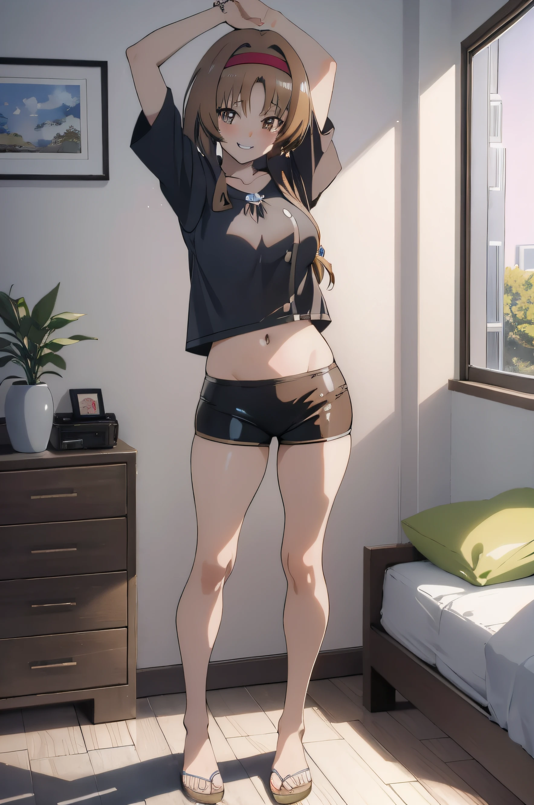 Chica anime con pantalones cortos y una camisa negra parada en una  habitación. - SeaArt AI