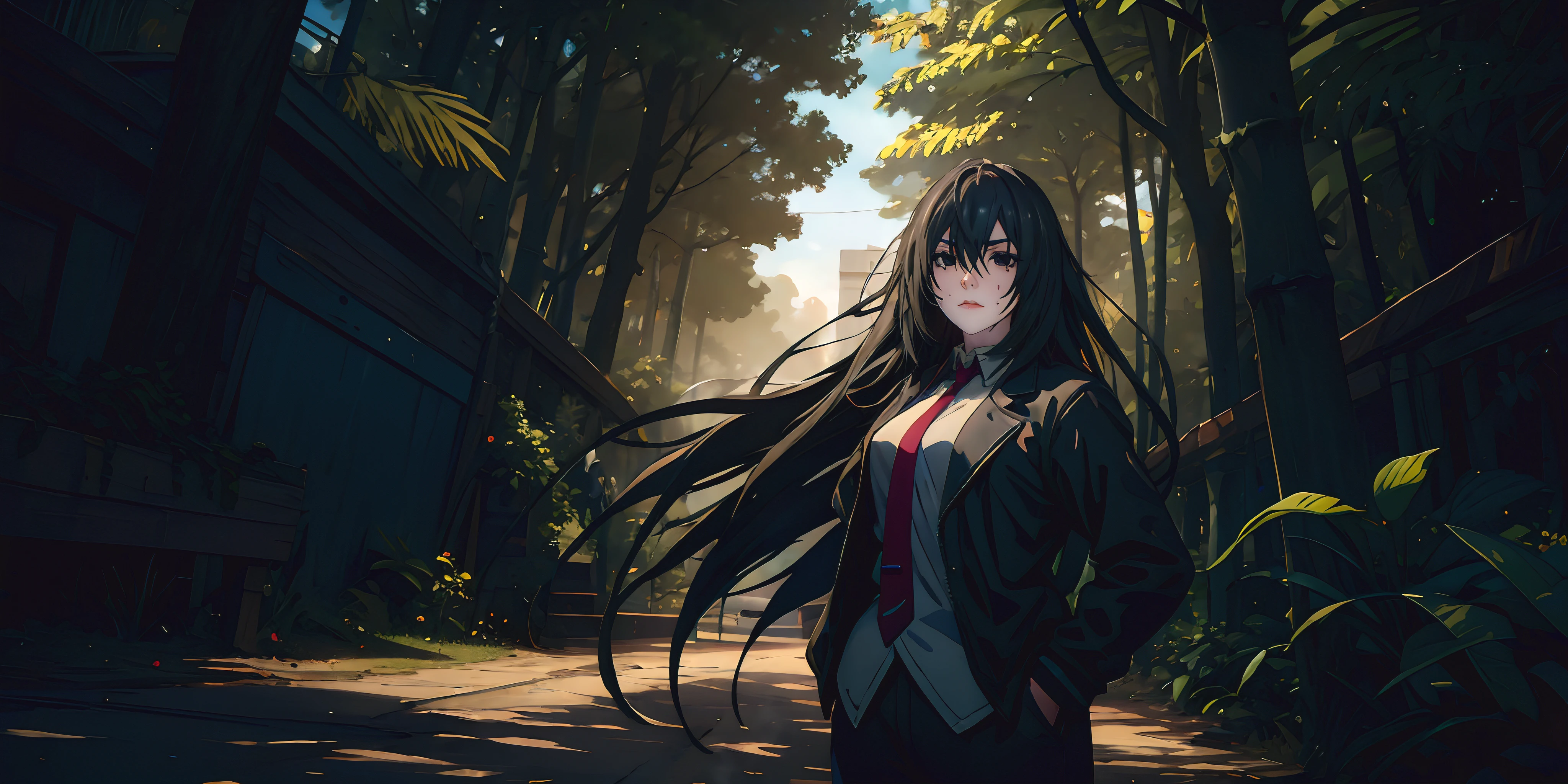 black hair, black eyes, (plump:1.2), breast press, steaming face, fog, (heavy breathing:1.4), long_hair, 1girl, outdoors, shirt, solo, necktie, jacket, looking_at_viewer, black_jacket, sky, open_clothes, white_shirt, plant, standing, tree, collared_shirt, open_jacket, long_sleeves, hands_in_pockets, blue_neckwear, breasts, cloud