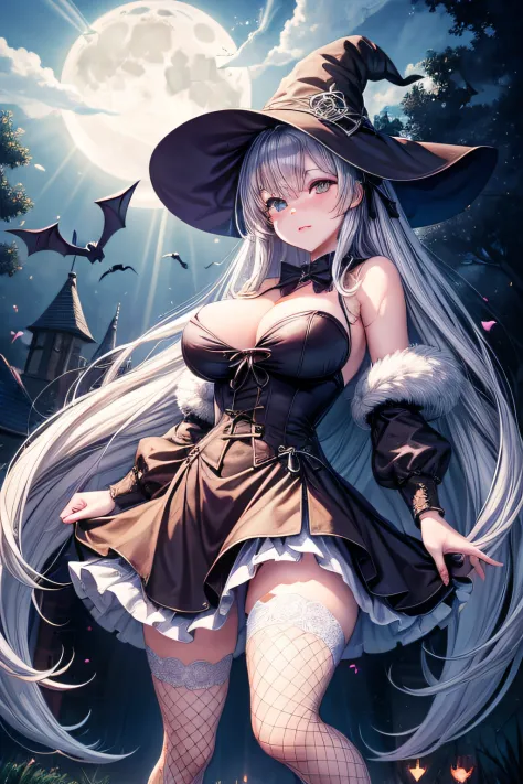 ((worst quality, low-quality)), ((Rabbit eared girl)), Solo, ((Big breasts)), ((Long silver hair)), Hair over one eye, plump shiny lips, Beautiful clear eyes, Spoken Heart, ((the witch)), fishnet tights, embarrassed, Leaning forward, squash, Jack Lantern, ...