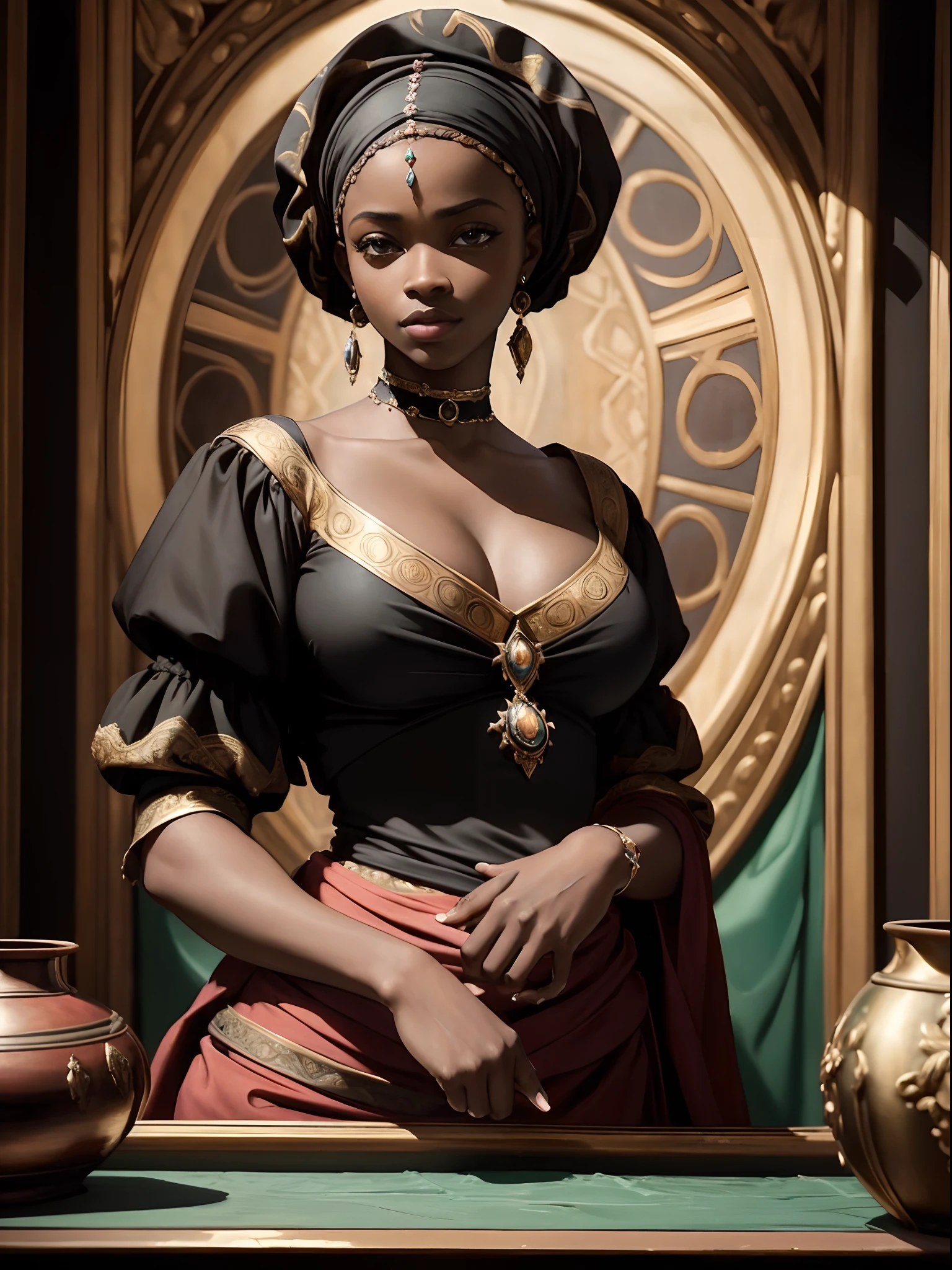 (Renaissance oil painting of a beautiful black woman:1.3), best quality, masterpiece, expressive, thrilling, 256k, epic, crepuscular lights, (by Michelangelo, by Rafael, by Rubens:1.2), chiaroscuro, best quality, masterpiece, (best hands), excellent, outstanding, breathtaking, gorgeous, top quality, 10/10, splendid, amazing, wonderful