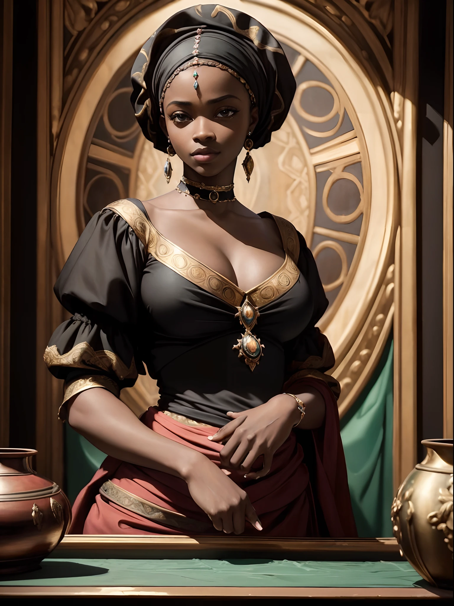 (Peinture à l&#39;huile Renaissance représentant une belle femme noire:1.3), Meilleure qualité, chef-d&#39;œuvre, expressif, Palpitant, 256k, épique, lumières crépusculaires, (par Michel-Ange, par Rafael, par Rubens:1.2), clair-obscur, Meilleure qualité, chef-d&#39;œuvre, (meilleures mains), Excellent, remarquable, Stupéfiant, magnifique, qualité supérieure, 10/10, splendide, Incroyable, merveilleux