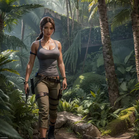 lara croft relaxing, Wearing very short clothes, defined muscles, middlebreasts, A hyper-realistic, Strong and vibrant colors, Tropical forest landscape