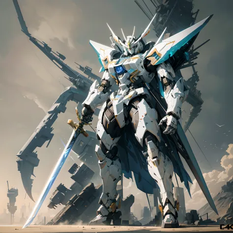 arafed robot standing in front of a huge structure with a sword, alexandre ferra white mecha, modern mecha anime, cool mecha sty...