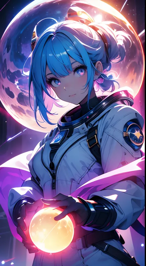 (masterpiece), best quality, a cute girl floating in the space holding a planet, ((holding)), sphere, ((glow, planet glow)), per...