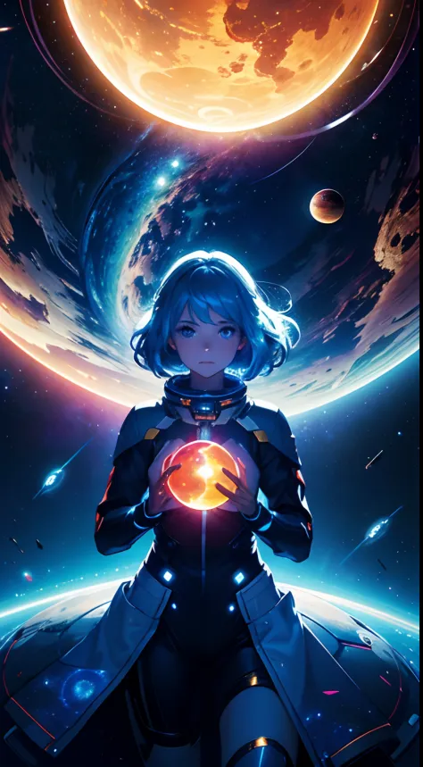 (masterpiece), best quality, a cute girl floating in the space holding a planet, ((holding)), sphere, ((glow, planet glow)), perfect face, expressive eyes, space suit, austronaut helmet, spiral galaxy, astronomy wallpaper, happy, colorful, exciting, gorgeo...