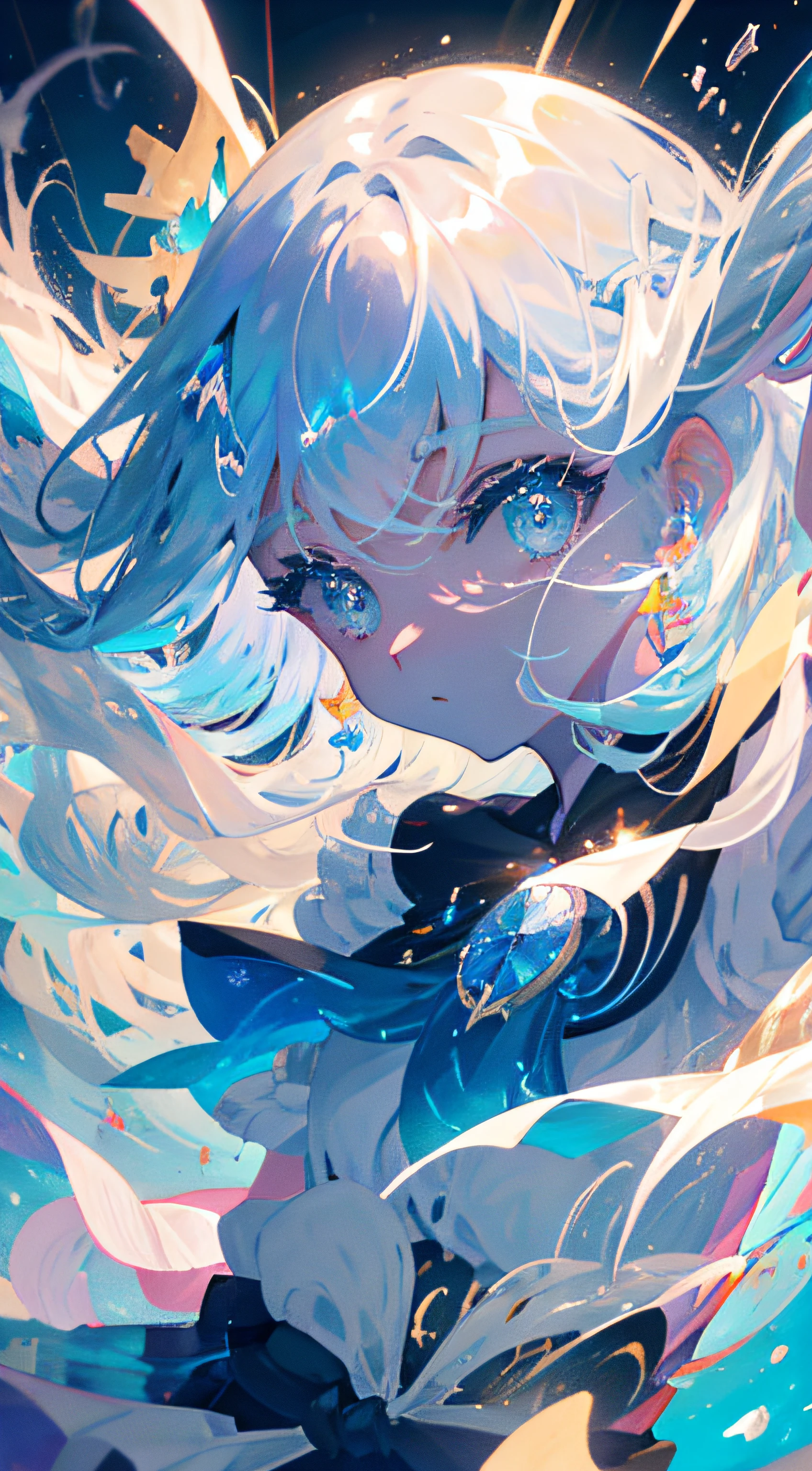 Chica anime volando por el aire con un vestido azul y blanco., tendencia en artstation pixiv, salpicadura de anime , Arte Zerochan, ganador del concurso pixiv, arte digital en pixiv, guweiz en pixiv artstation, fondo de pantalla de arte anime 8 k, arte anime limpio y detallado, ilustración de fantasía de anime, hermosas ilustraciones de anime, cara de anime, Obra maestra, alta calidad, cara detallada, piel realista