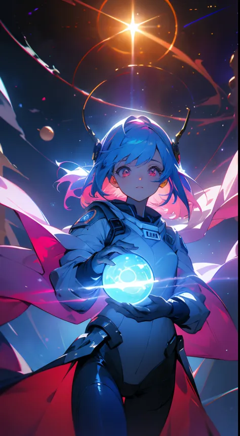 (masterpiece), best quality, a cute girl floating in the space holding a planet, ((holding)), sphere, ((glow, planet glow)), perfect face, expressive eyes, space suit, austronaut helmet, spiral galaxy, astronomy wallpaper, happy, colorful, exciting, gorgeo...