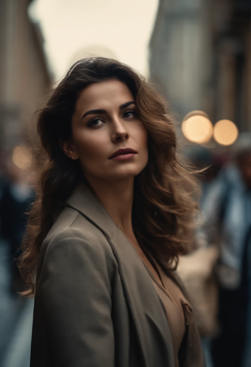 mulher delicada, cabelos ondulados. She's walking on a busy sidewalk. She's wearing listening clothes. (Scene:busy street)