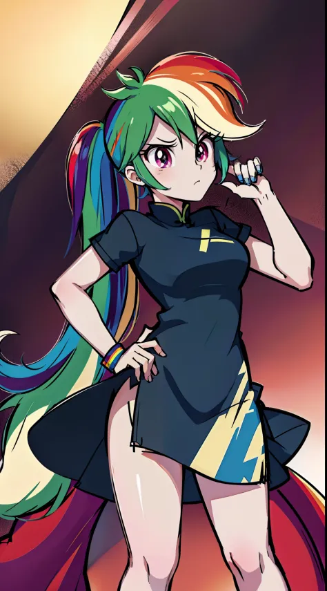 Rainbow Dash, Rainbow Dash of My Little Pony, Rainbow Dash as a girl, 1girl, (qipao, china dress)