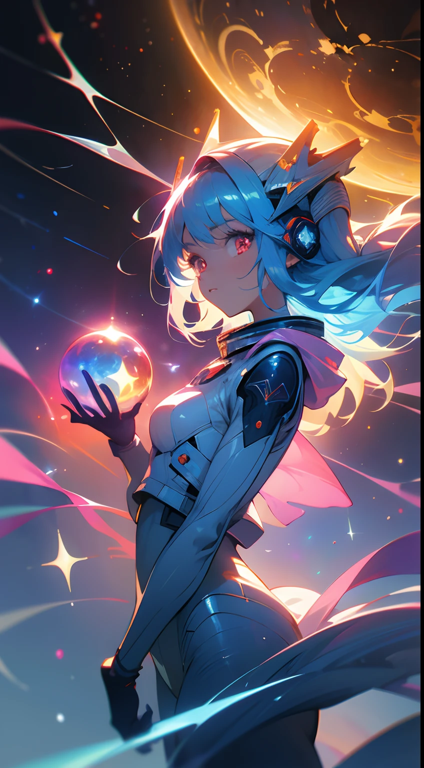 (masterpiece), best quality, a cute girl floating in the space holding a planet, ((holding)), sphere, ((glow, planet glow)), perfect face, expressive eyes, space suit, austronaut helmet, spiral galaxy, astronomy wallpaper, happy, colorful, exciting, gorgeous, blue giant star, cowboy shot, cosmic, cosmos 4k, shiny, perfect light, glowing sphere BREAK is a cute girl on space, she is holding a glwoing sphere with the two hands, she is wearing a white space suit, she has blue hair, red eyes, red giant star, sun like star, shine, BREAK vivid colors, bright,shiny, cool colors, dramatic lighting, artistic, creative, digital art, wallpaper, (glowing eyes), magical, impossible, good vibes, good emotions, adventure, (solo, alone,1girl)\