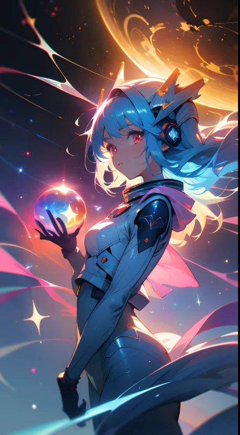 (masterpiece), best quality, a cute girl floating in the space holding a planet, ((holding)), sphere, ((glow, planet glow)), per...