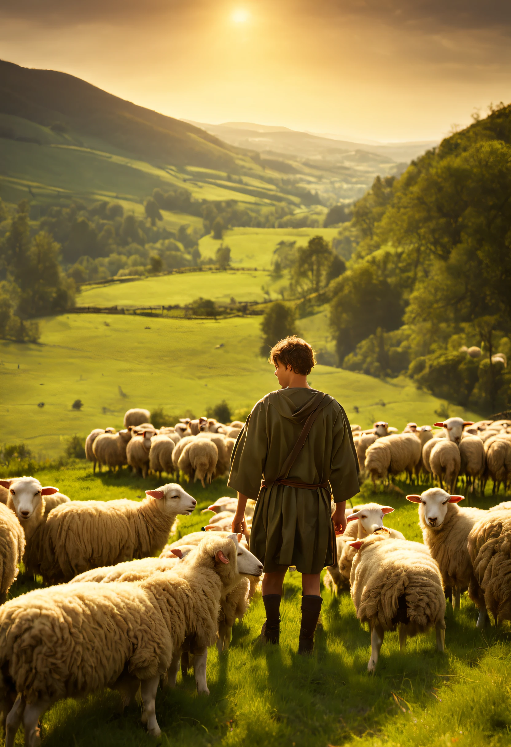 A serene, sunlit valley with rolling hills in the background.
A wide shot of the valley, establishing the peaceful setting.
Young David, dressed as a shepherd, tending to his flock of sheep.