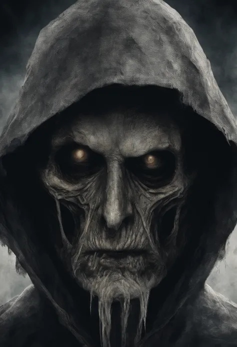 waist up, very old man, looks like a corpse, half of his face deformed and melted, dirty, beggar, monster, short gray hair, pale and wrinkled skin, sparse beard, yellowish pupils, hunched posture, penetrating and evil gaze, long black cloak, torn clothes, ...