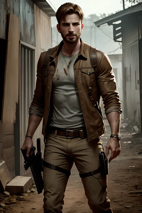 Uma imagem realista de corpo inteiro de Chris Evans como personagem de The Walking Dead, vestido como personagem de The Walking Dead e com as roupas cobertas por sangue, zumbis ao redor,