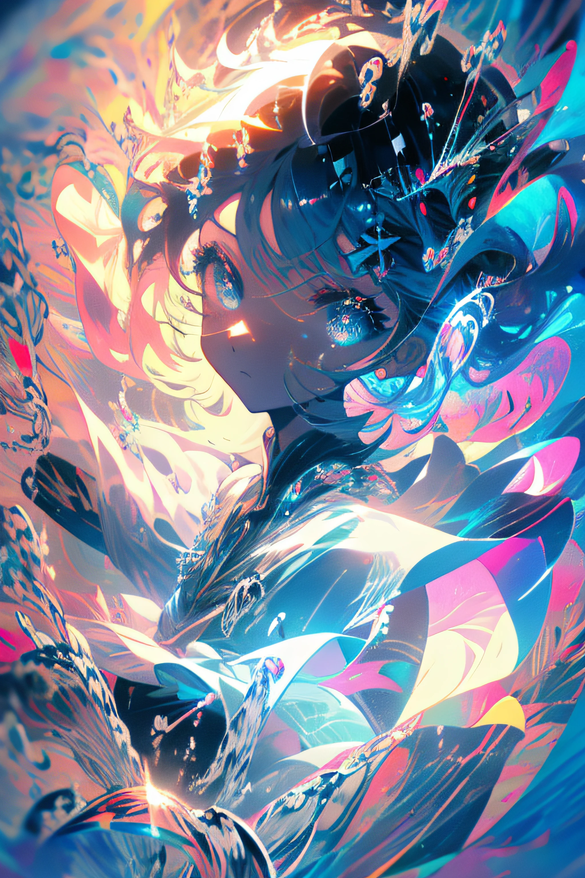 Garota Anime voando pelo ar com um vestido azul e branco, tendências no artstation pixiv, animes de splash art , arte zerochan, vencedor do concurso pixiv, arte digital no pixiv, guweiz no pixiv artstation, papel de parede de arte de anime 8k, arte de anime limpa e detalhada, ilustração de fantasia de anime, lindas obras de anime, anime face, obra de arte, alta qualidade, rosto detalhado, Pele realista