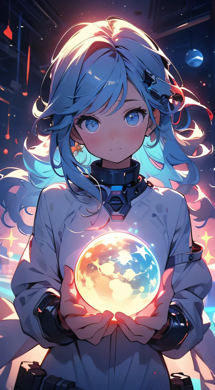 (masterpiece), best quality, a cute girl floating in the space holding a planet, ((holding)), sphere, ((glow, planet glow)), perfect face, expressive eyes, space suit, austronaut helmet, spiral galaxy, astronomy wallpaper, happy, colorful, exciting, gorgeous, blue giant star, cowboy shot, cosmic, cosmos 4k, shiny, perfect light, glowing sphere BREAK is a cute girl on space, she is holding a glwoing sphere with the two hands, she is wearing a white space suit, she has blue hair, red eyes, red giant star, sun like star, shine, BREAK vivid colors, bright,shiny, cool colors, dramatic lighting, artistic, creative, digital art, wallpaper, (glowing eyes), magical, impossible, good vibes, good emotions, adventure, (solo, alone,1girl)