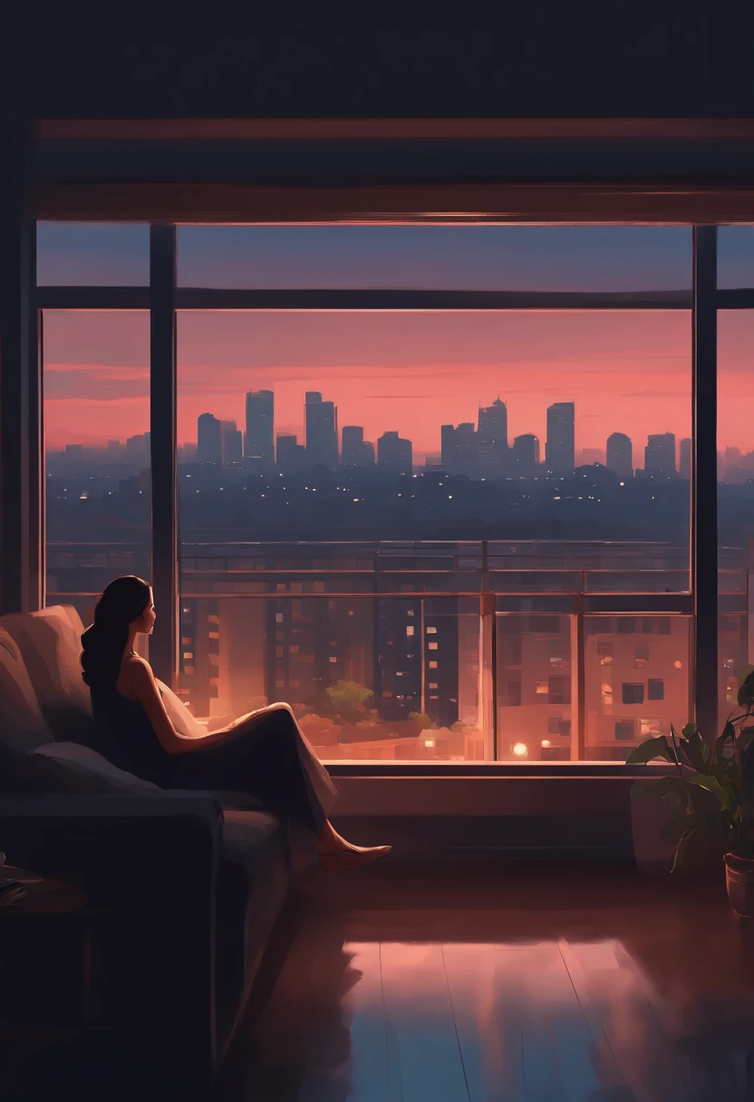 a woman sitting on a coach in front of a window cityscape, a digital painting inspired by Alena Aenami, pixiv, realism, calm night. digital illustration, blurred and dreamy illustration, blurry and dreamy illustration, artistic. alena aenami, keyframe illustration, dreamy illustration, lo-fi illustration style, style of alena aenami, orientation landscape, youtube cover