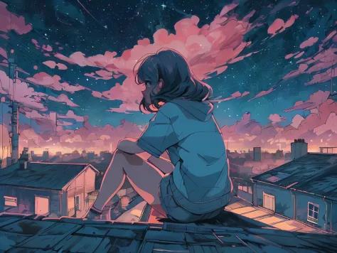 (Lofi), A girl sitting on the rooftop of an old house, Lo-fi image,retro, flat,2.5d, night light, rooftop view, neon scape, beautiful colorful night sky,stars ,analog color theme, fantasy ,line art, ink drawing, big ink line, watercolor, goauche color, stu...