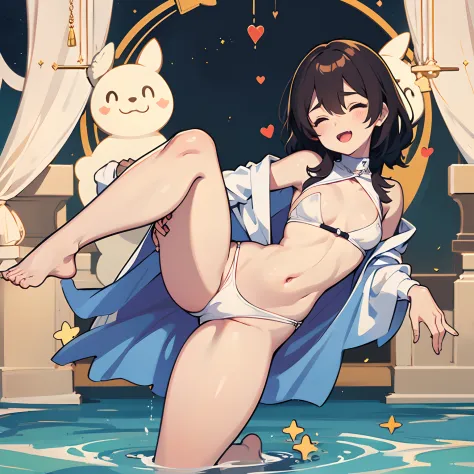 solo person，Undertale Frisk，fresco，Close your eyes，Charming，Evil laughter，sexy for，Nipple patches，X-rated，Get wet，Open chest and breasts，Open navel，pantyless，no-bra，stocklings，Full body standing painting，tempting pose，with short brown hair，the detail，Viole...