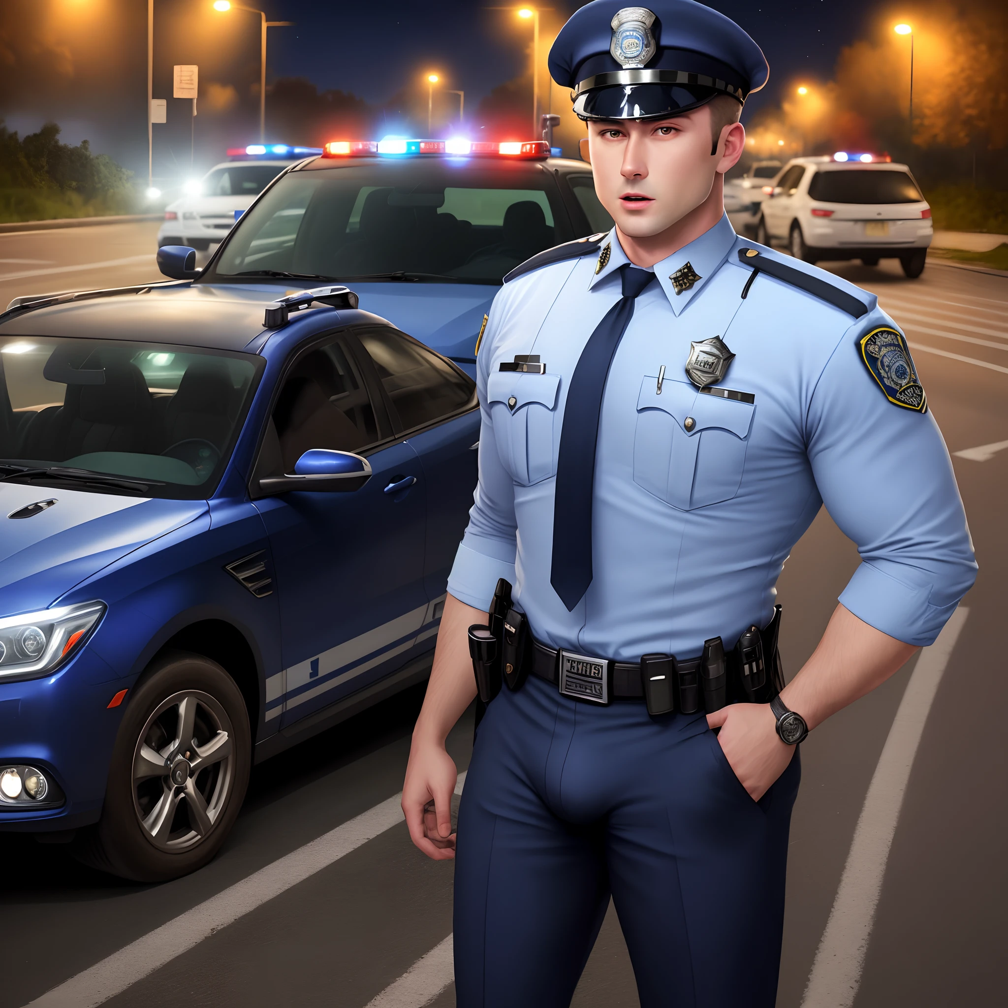 Arafed police officer standing in front of a car on a busy street - SeaArt  AI