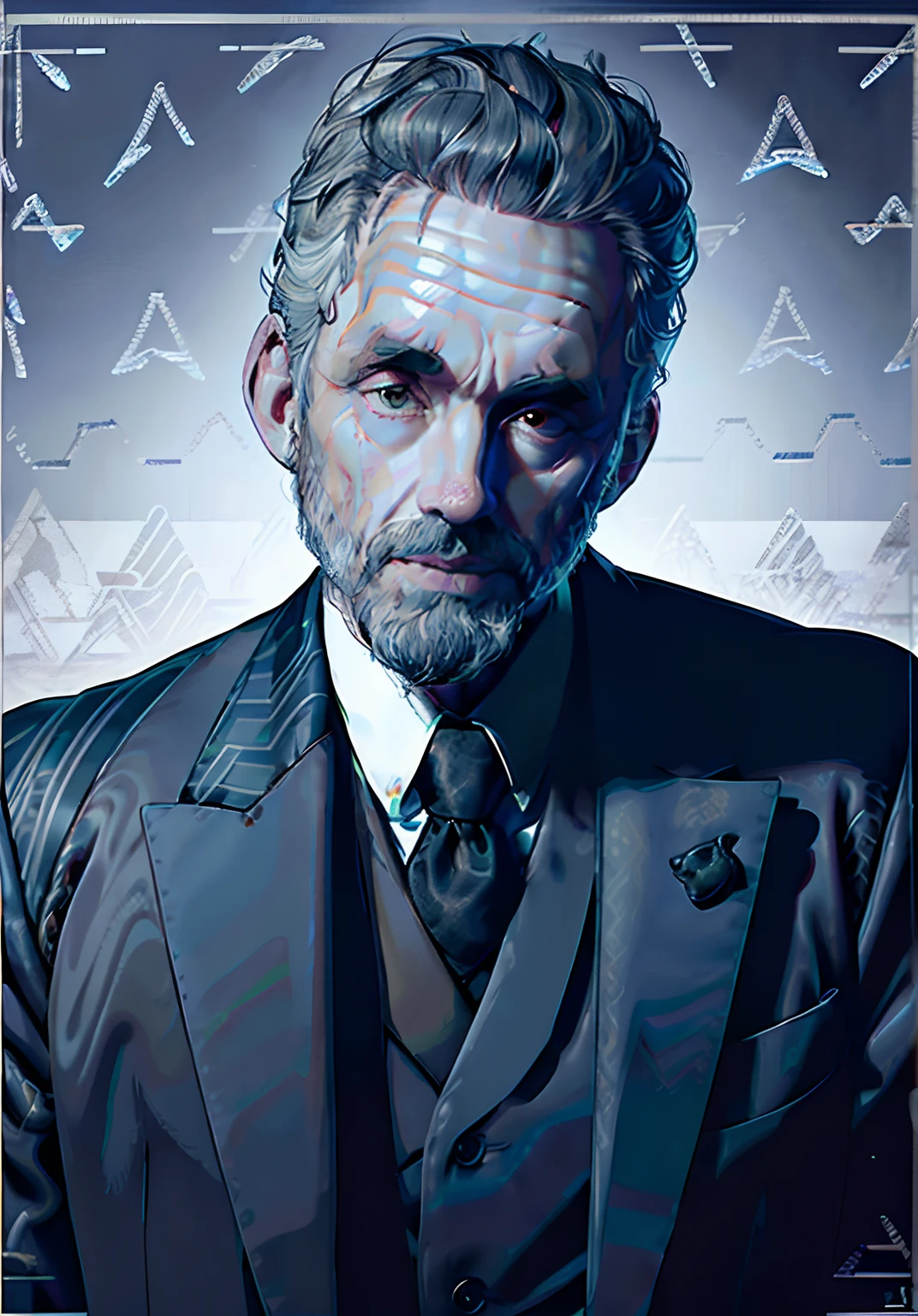 jordan peterson with symbolic animal of wisdom , solo, facial hair, beard, (toned:0.1), dark [blue|black] hair, formal, looking at viewer, portrait, normal view, background fill with symbolic and pattern of wisdom (from front:0.9), suit, dark theme, ([modern]:1.3), semi realistic stylish, (expressive), jordan peterson, toned, serious, vibrant, (colorful, thick outlines, flat color:1.12), realistic