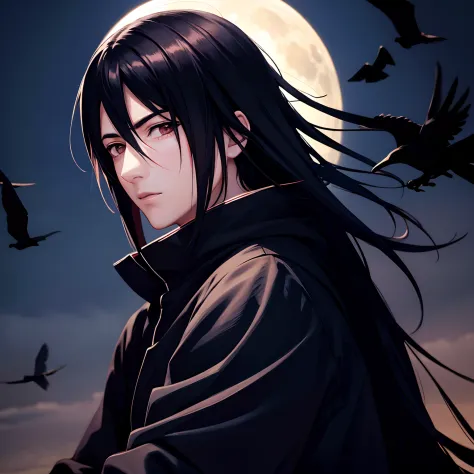 Itachi Uchiha on a moonlit night sitting on a black throne with crows circling around him, High resolution, Realistic lighting, Accurate shadows, Textured surfaces, Sharp details