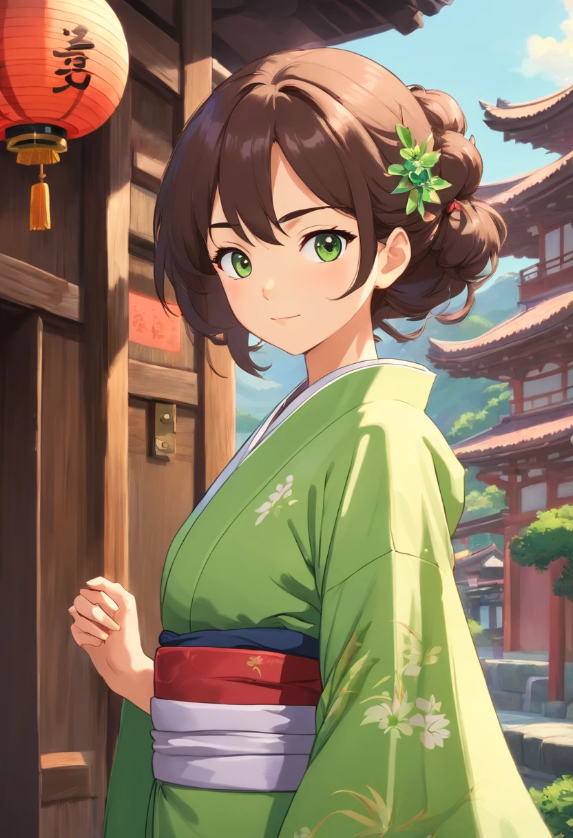 A woman in a green kimono standing in front of a building - SeaArt AI