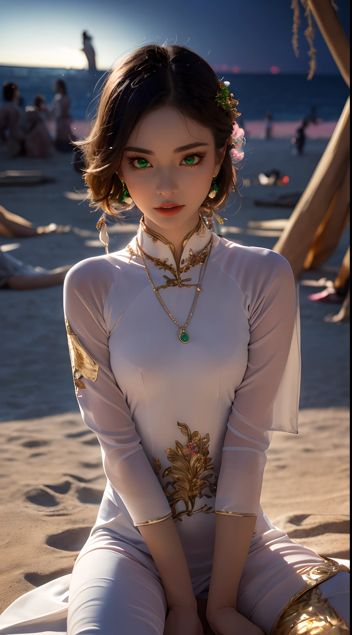 1 beautiful young princess, ((wearing a super thin white ao dai and super sexy:1.9)), ((braided hair with long black bangs: 1.6)), ((pink nipples and small areola)), ((hair jewelry:1.9)), ((upper body gold jewelry:1.9)), ((Very delicate gold necklaces:1.7)), ((earrings with emeralds:0.8)), noble, noble style of an extremely beautiful girl, super cute little face, very pretty face, fur thin eyebrows, flawless beautiful face, ((black eye pupils: 0.8)), very beautiful eyes, ((green eyes eyes: 1.6)), beautiful makeup and detailed hairdo, eyelashes, eye makeup wet, high nose, earrings, red lips, ((closed mouth: 1;5 )) beautiful lips, slim hands, ((arms spread out to the sides: 1.7)), rosy face, clean face, flawless beautiful face, smooth white skin, firm breasts, nice cleavage, ((super big and round breasts: 1.6)), beautiful breasts, perfect body, ((bent sitting position:1.6)), put your hands behind you, ((open your legs and not be shy:1.5)), 8k photos, super high quality, super realistic, super 10x pixels, optical, bright studio, bright edges, two-tone lighting, (high detail skin:1.2), super 8k, soft lighting , high quality, volumetric light, optical, optical high resolution, light, best photo, 4k, 8k quality, blur effect, smooth sharpness, 10 x pixels, ((beach at night background:1.5)), aurora, lightning, super realistic graphics, most realistic graphics, alone, solo, Extremely sharp, surreal images, (((frontal portrait: 1.6)))."