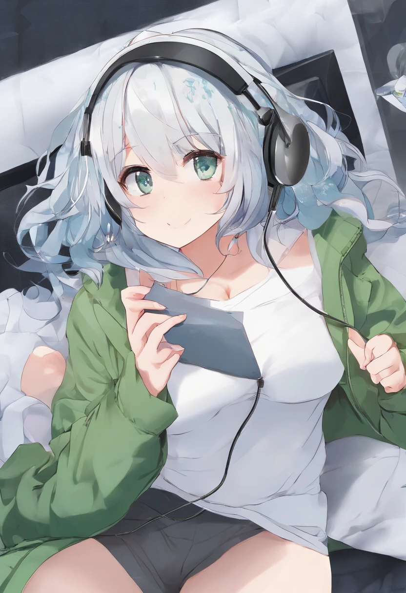 Anime girl with headphones laying on bed listening to music - SeaArt AI