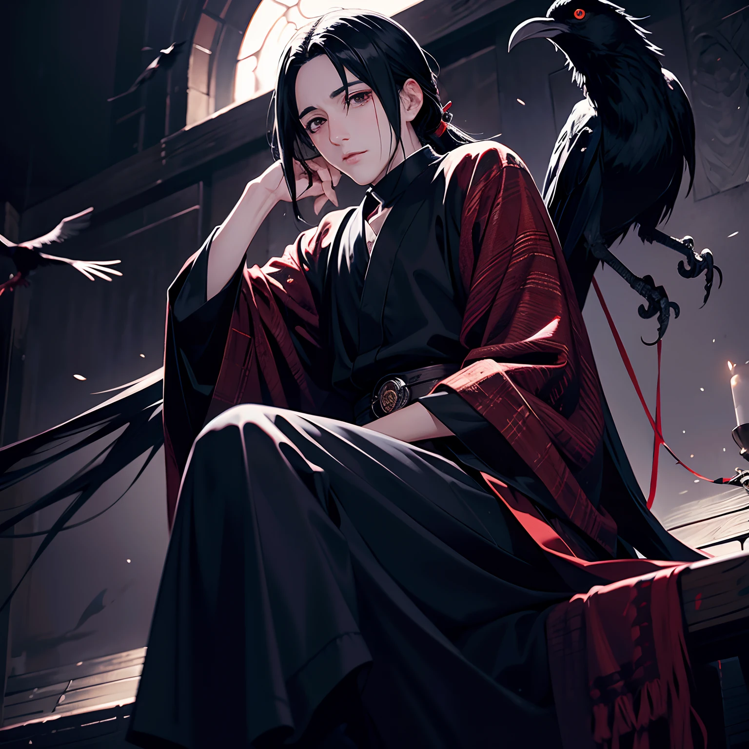 Itachi Uchiha en una noche de luna sentado en un trono negro con cuervos dando vueltas a su alrededor, Alta resolución, Iluminación realista, Sombras precisas, superficies texturizadas, detalles nítidos