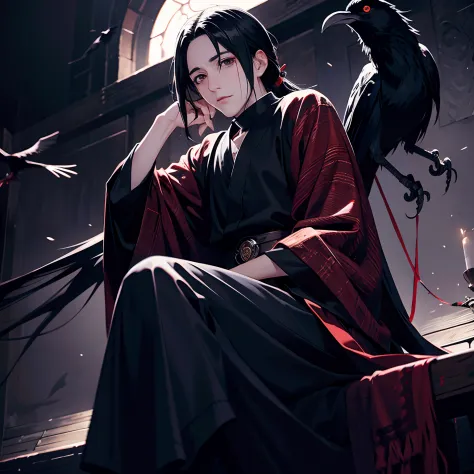 Itachi Uchiha on a moonlit night sitting on a black throne with crows circling around him, High resolution, Realistic lighting, ...