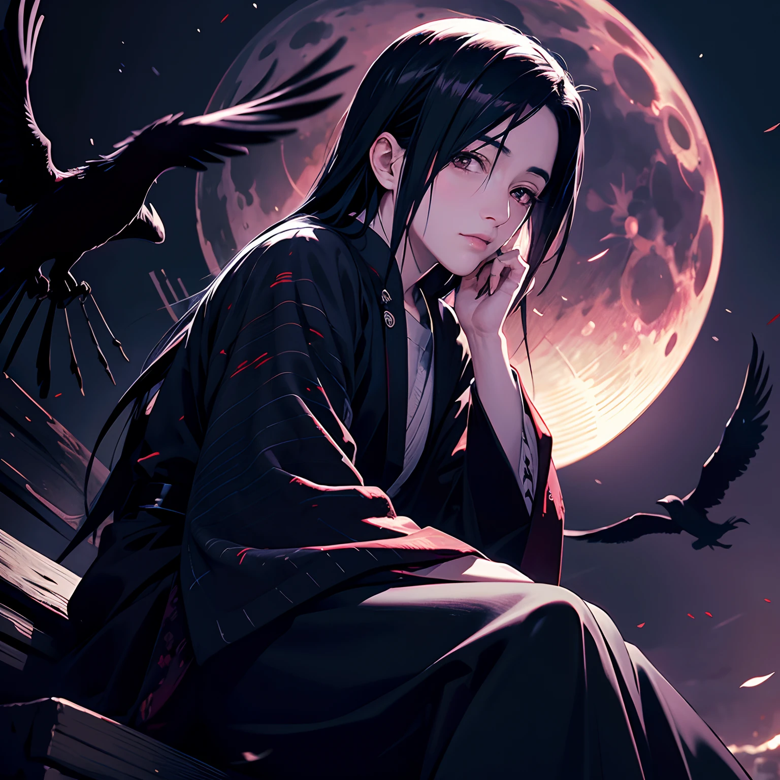 Itachi Uchiha par une nuit au clair de lune assis sur un trône noir avec des corbeaux tournant autour de lui, haute résolution, Éclairage réaliste, Ombres précises, surfaces texturées, Détails pointus