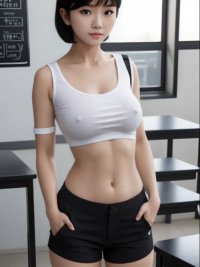 Arab Asian woman wearing white top and denim shorts, photo of slim girl  model, tight push up bra, sport bra, White bra - SeaArt AI