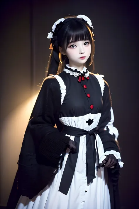 top-quality、​masterpiece、1 girl in、20yr old、kawaii faces、Extraordinary beauty、Postapocalypse_Fashion、Black background、Black background、Full Body Angle、White and black gothic Lolita fashion、Gothic Lolita Fashion、Cute poses、Standing、black backgrounds、white  ...