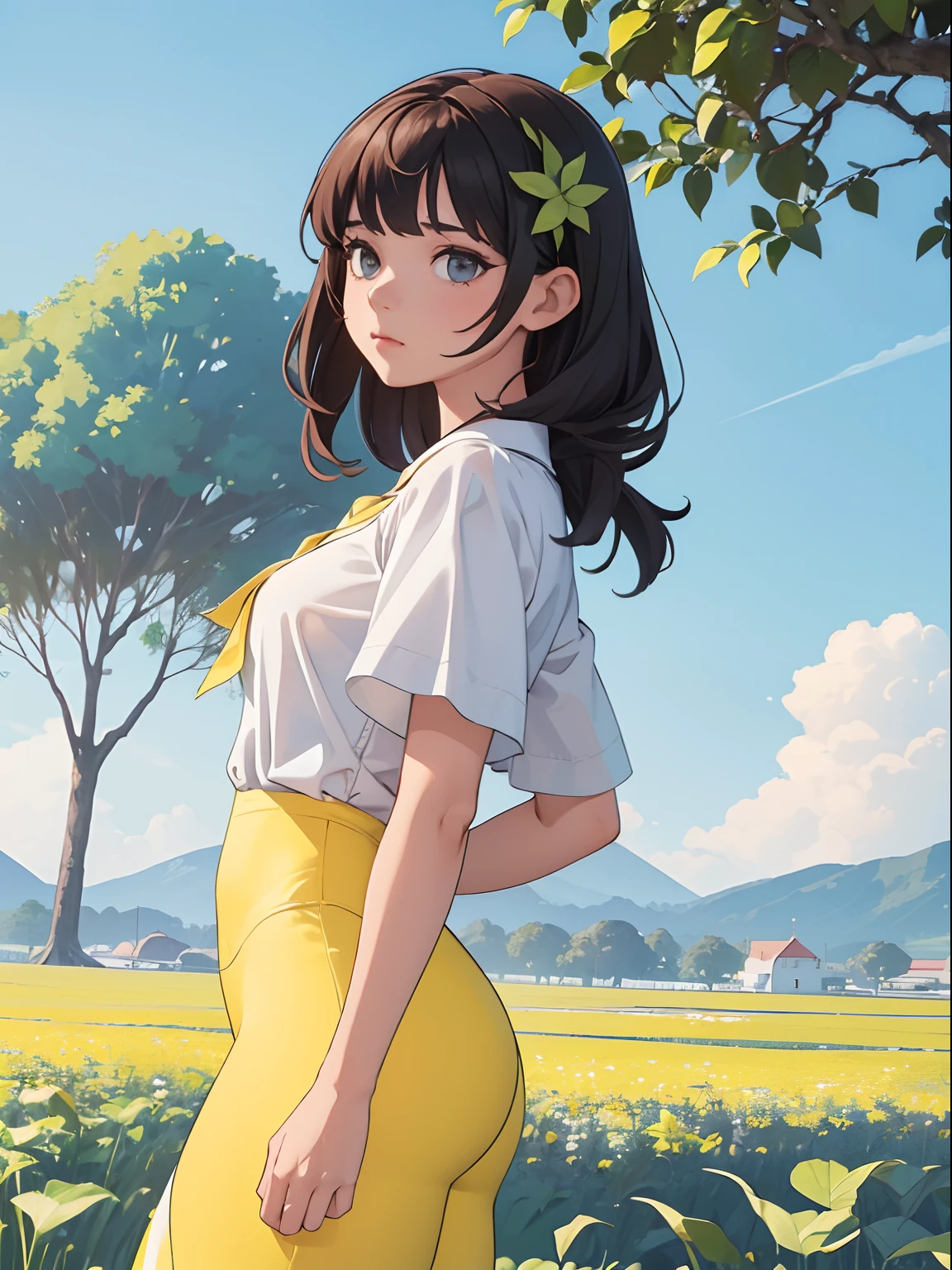((有白色葉子的植物)), 1個完美的女孩, 漂亮的臉蛋, 穿著白色襯衫和黃色緊身褲, 背後有美麗的風景, 4k, ((最佳解析度)), ((更好的品質)).