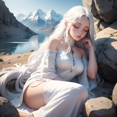 In the background are mountains, a beautiful girl name is Lisa, 18 year old with blue eyes, long white hair, wearing a white tunic is sleeping next to a rock