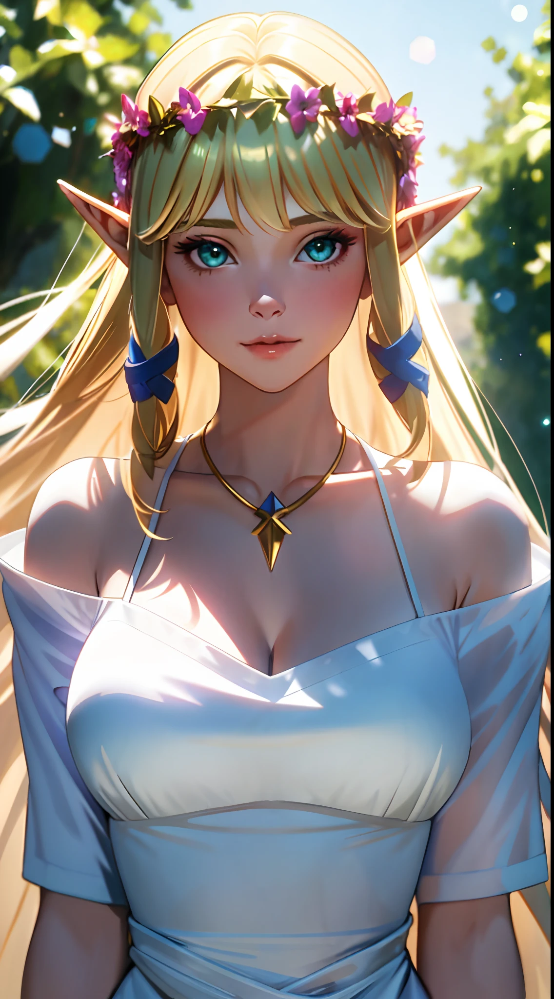 1girl,(adult,woman:1.6), Bare shoulders, Blonde hair, Blush, Breasts, circle of the crone, cleavage, Closed mouth, dress, elf, Green eyes, head wreath, Huge breasts, laurel crown, Long hair, view the viewer, O-ring, O-ring top, Pointy ears, Simple background, Solo, Upper body, White background, White dress,celestine lucullus,Realistis,(Shiny skin),(Masterpiece:1.4),(Best quality:1.4),zelda