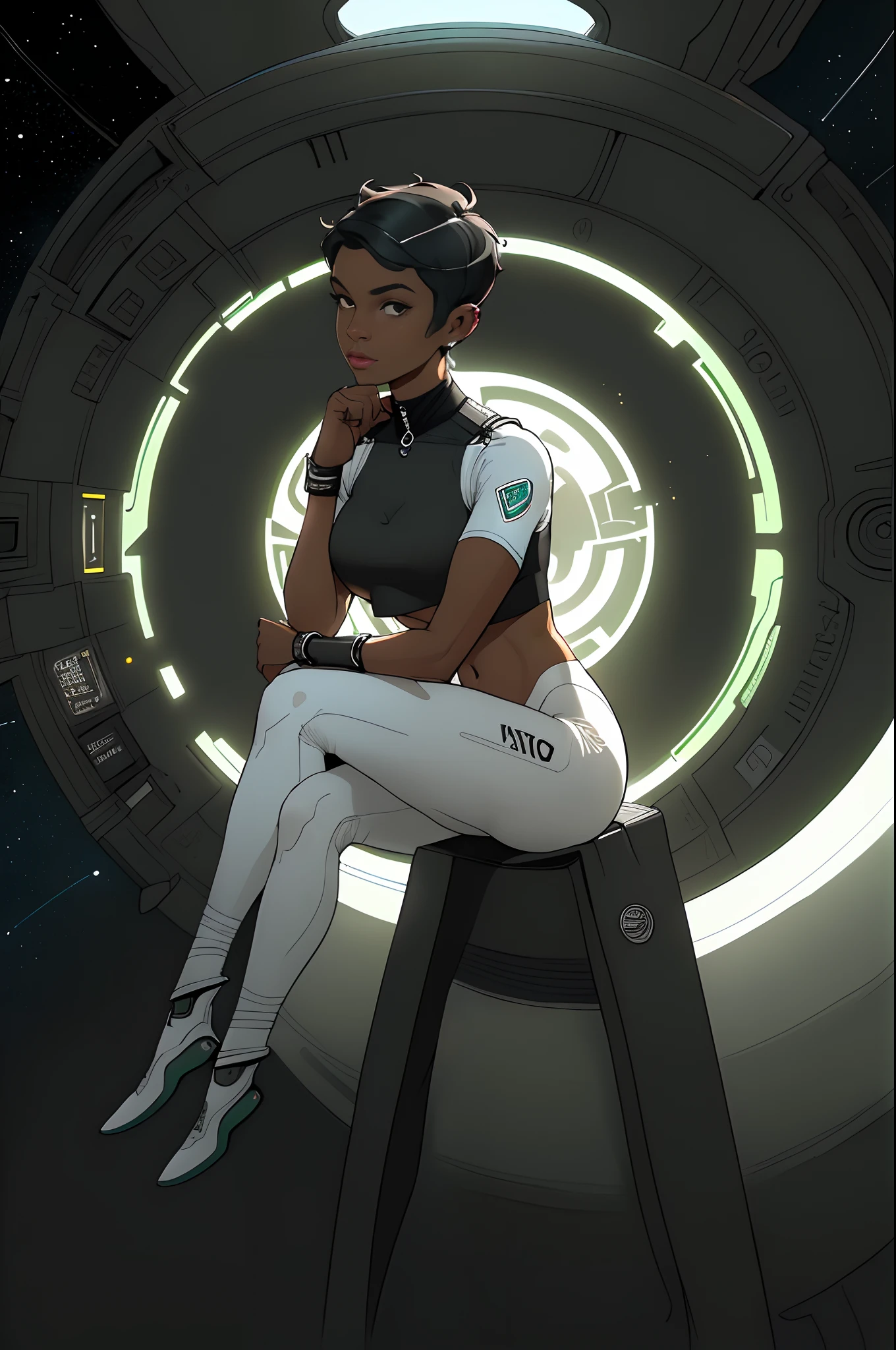 Estilo Sketchbook, handdrawn, escuro, corajoso, arte realista, mistura de linhas escuras e linhas soltas, linhas em negrito, no fundo branco, personagem, (((uma mulher negra piloto espacial linda, corpo esguio, crop top sci-fi, short hair, pose natural sentada, sentada de lado))), ((em fundo branco)), tema sombrio, Golden ratio of perfect composition, obra-prima, melhor qualidade, 4k, foco nítido. better hand, anatomia perfeita. por Com Design em Mente