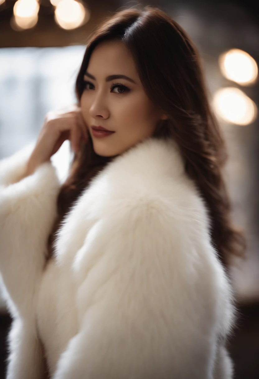 A close up of a woman in a fur coat posing for a picture - SeaArt AI