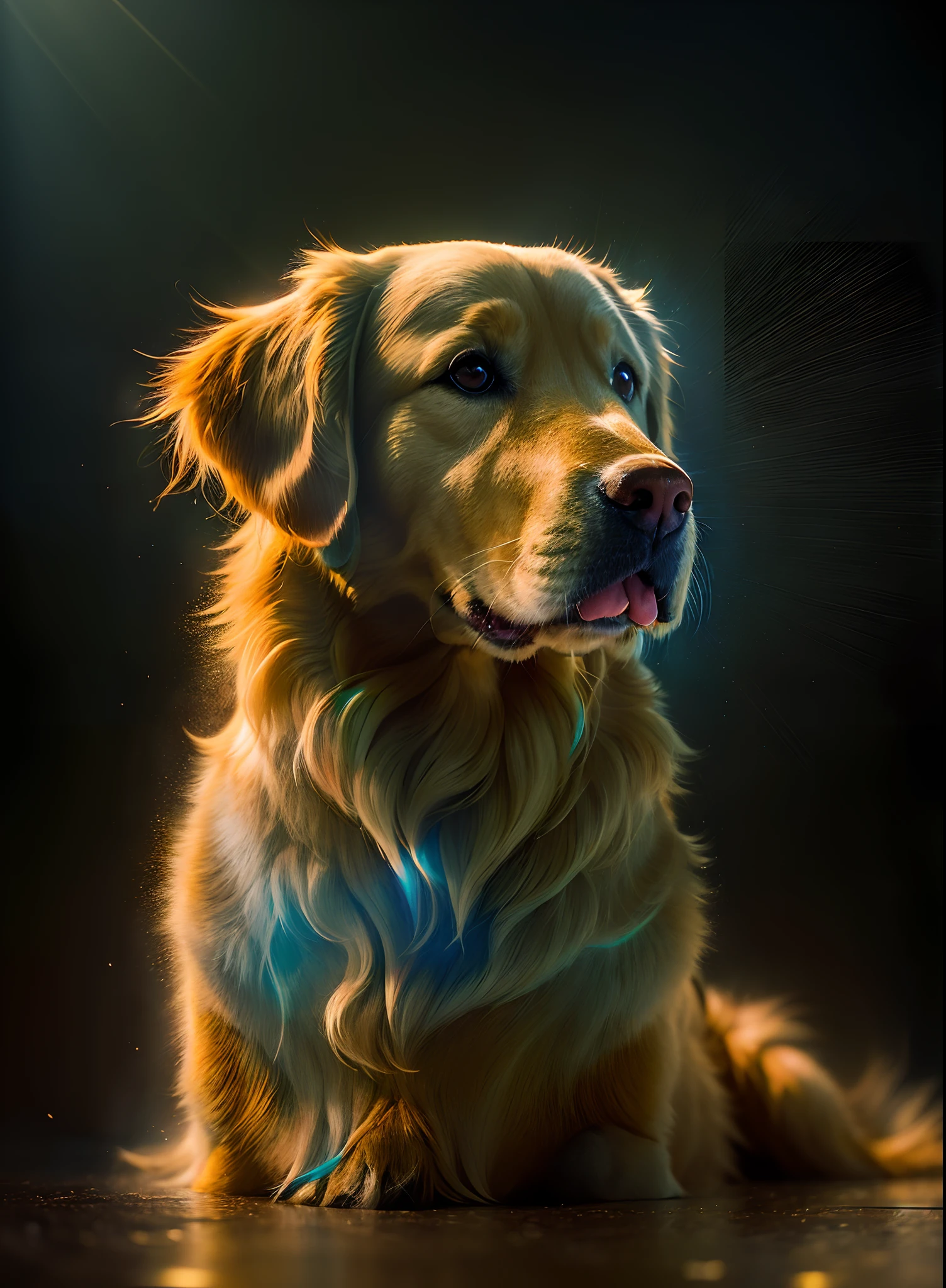 Golden Retriever caramelo, (Imagem ultrarrealista altamente detalhada:1.2), (fotorrealista:1.2), com detalhes intrincados. (Fundo com efeitos de iluminação com raios e poderes de cores brilhantes com alto contraste e saturação:1.2). ((Fotografia Cinematográfica, Ultra HD, 8K)), ((de corpo inteiro)), ((foco nítido:1.2))