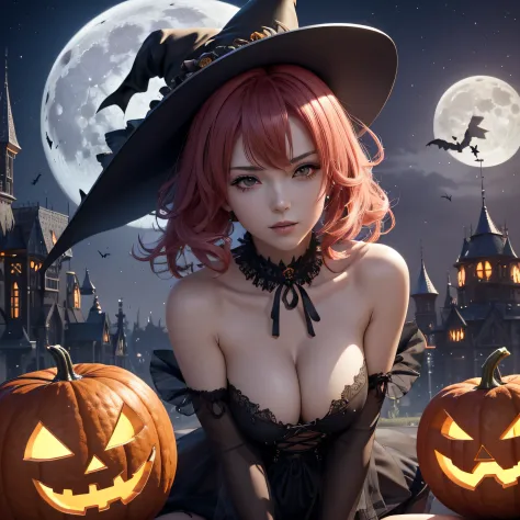 Charming beautiful Halloween witch woman, Ruffled sensual gothic stripe clothes, Pointy hat, Barely clothed, With moon and pumkin ornaments, Fly over fields full of breadkines, Full Moon Night, Fantasy Theme, Beautiful D&d character portrait, sinister, Dar...