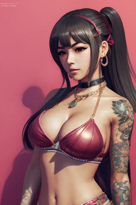 LuannaPerez as a hot yakuza girl with tatoos. 3d illustration concept art by akihiko yoshida and gil elvgren, detail portrait, technicolor anime background, sharp focus, detailed face, detailed eyes, hyper realistic,gold chain on neck nude NSFW