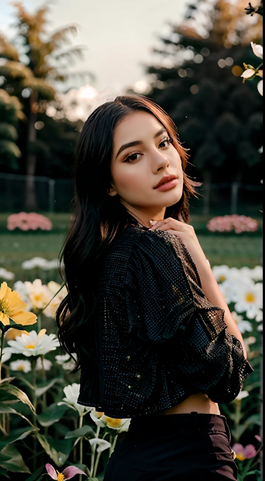 A woman standing in a field of flowers with a black top - SeaArt AI