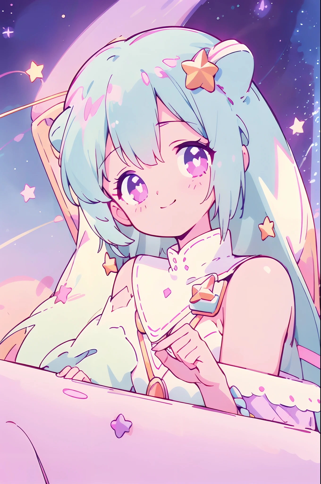 (1girl),(pop style,flat colors,star pattern,pastel,shiny eyes,smile,space vibe,colored lineart,outline,simple,night background, closeup,pastel night aethestic),((masterpiece))