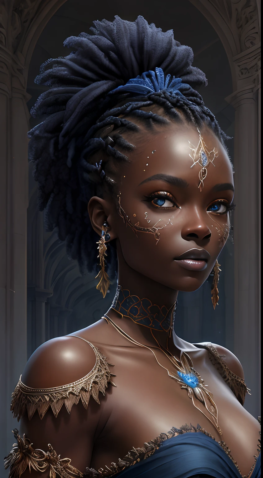 Unreal engine:1.4,UHD,the best quality:1.4, Fotorrealista:1.4, texture de la peau:1.4, tmasterpiece:1.8,Good looking 
Dark-skinned African woman, Peluches animales, frange, bare shoulders, ventre plat , cheveux noirs,peau noire, Ciel bleu, arc, tresser, building, clavicule, Tresse de la couronne, dark skinned, Separate sleeves, Viseur facial, fleur, Ruffle sleeves, Volants, gradient eyes, hair behind the ear, Arc de cheveux, tilted head, feuille, Light blush, Cheveux longs, Regarder le spectateur, Yeux multicolores, Nature, nombril, ruban orange, palme, palmier, lips parted, yeux rosesDeux, Planter, portrait, fleur rouge, chemise, tresse simple, ciel, seulement, sun light, ainsi, dent, arbre, tropical, Haut du corps, dent, Eau (Elden Ring Style:1.3), (Style Warhammer:1.1), Artiste conceptuel, Illumination globale, Profondeur de champ, Splash art, Art par Artgerm et Greg Rutkowski et Viktoria Gavrilenko,