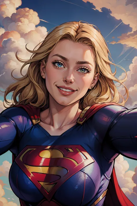 masterpiece, best quality, highres, absurdres, best quality, 1supergirl 30yo, blondehair,  sky, (clouds:1.15), smile, suspended ...