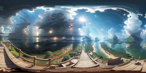 an equirectangular panorama 360, modelshoot style, (extremely detailed 8k CG unit wallpaper), sky with clouds and radiance of th...